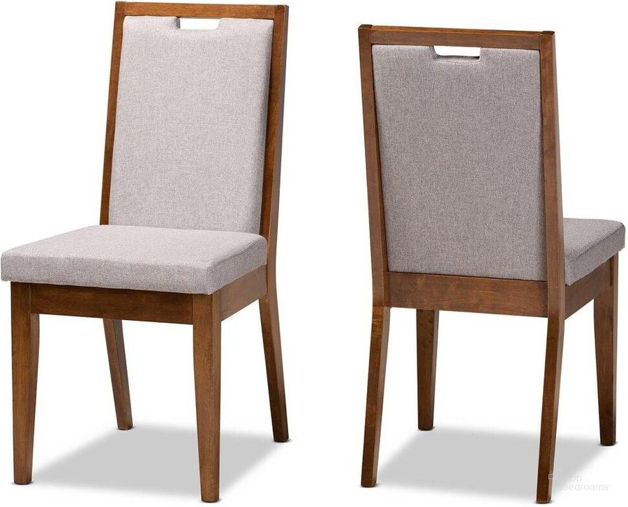 The appearance of Baxton Studio Octavia Modern And Contemporary Grey Fabric Upholstered And Walnut Brown Finished Wood 2-Piece Dining Chair Set designed by Baxton Studio in the modern / contemporary interior design. This walnut brown piece of furniture  was selected by 1StopBedrooms from Octavia Collection to add a touch of cosiness and style into your home. Sku: RH2082C-Grey/Walnut-DC-2PK. Material: Wood. Product Type: Dining Chair. Image1