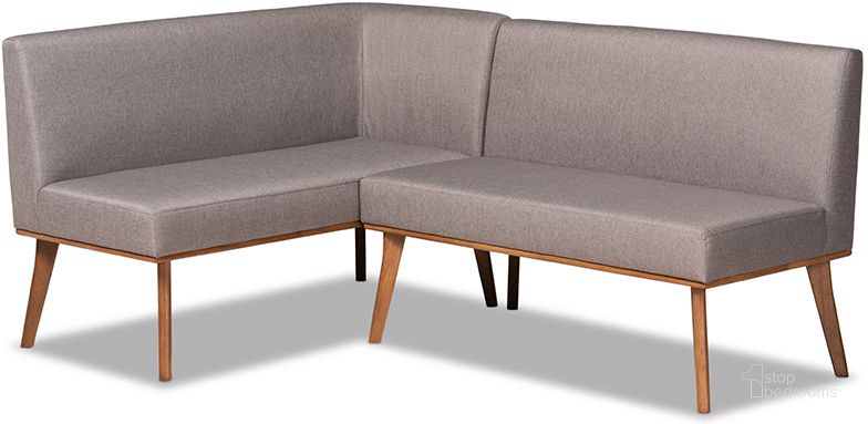 The appearance of Baxton Studio Odessa Mid-Century Modern Grey Fabric Upholstered and Walnut Brown Finished Wood 2-Piece Dining Corner Sofa Bench designed by Baxton Studio in the transitional interior design. This gray piece of furniture  was selected by 1StopBedrooms from Odessa Collection to add a touch of cosiness and style into your home. Sku: BBT8054-Grey/Walnut-2PC SF Bench. Product Type: Bench. Material: MDF. Image1