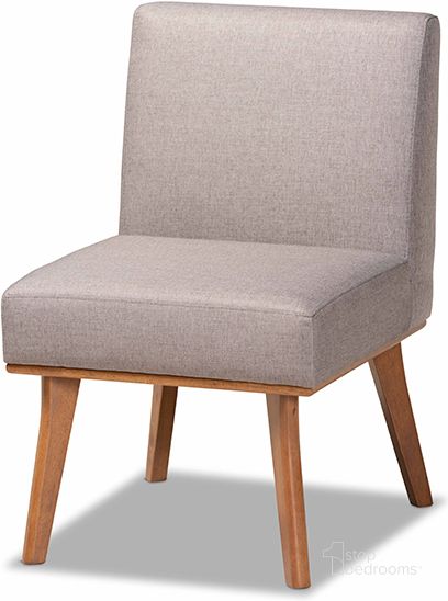 The appearance of Baxton Studio Odessa Mid-Century Modern Grey Fabric Upholstered and Walnut Brown Finished Wood Dining Chair designed by Baxton Studio in the transitional interior design. This gray piece of furniture  was selected by 1StopBedrooms from Odessa Collection to add a touch of cosiness and style into your home. Sku: BBT8054-Grey/Walnut-CC. Product Type: Dining Chair. Material: MDF. Image1