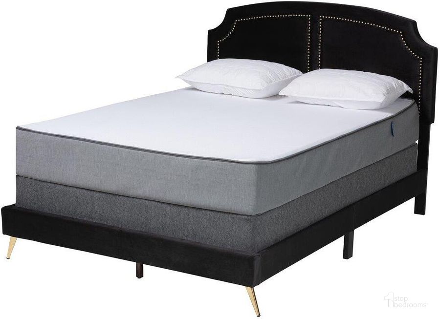 The appearance of Baxton Studio Oxley Traditional Glam And Luxe Black Velvet And Gold Metal Queen Size Panel Bed designed by Baxton Studio in the glam interior design. This black and gold piece of furniture  was selected by 1StopBedrooms from Oxley Collection to add a touch of cosiness and style into your home. Sku: Oxley-Black Velvet-Queen. Bed Type: Panel Bed. Product Type: Panel Bed. Bed Size: Queen. Material: Rubberwood. Image1