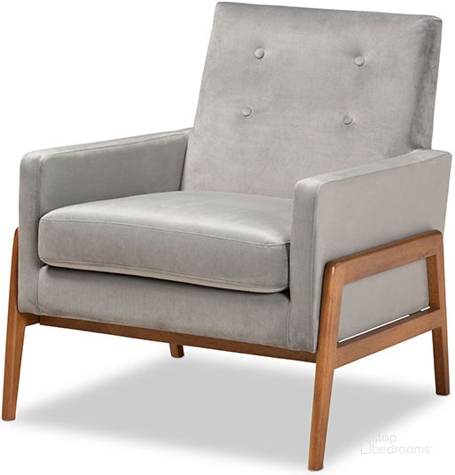 The appearance of Baxton Studio Perris Mid-Century Modern Grey Velvet Fabric Upholstered and Walnut Brown Finished Wood Lounge Chair designed by Baxton Studio in the transitional interior design. This gray piece of furniture  was selected by 1StopBedrooms from Perris Collection to add a touch of cosiness and style into your home. Sku: BBT8042-Grey Velvet/Walnut-CC. Material: MDF. Product Type: Lounge Chair. Image1