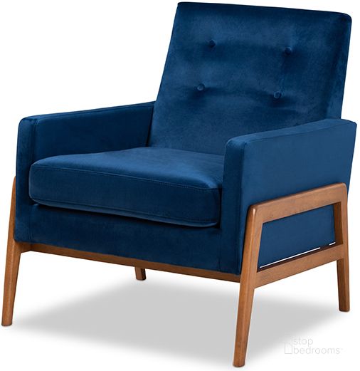 The appearance of Baxton Studio Perris Mid-Century Modern Navy Blue Velvet Fabric Upholstered and Walnut Brown Finished Wood Lounge Chair designed by Baxton Studio in the transitional interior design. This navy blue piece of furniture  was selected by 1StopBedrooms from Perris Collection to add a touch of cosiness and style into your home. Sku: BBT8042-Navy Velvet/Walnut-CC. Material: MDF. Product Type: Lounge Chair. Image1