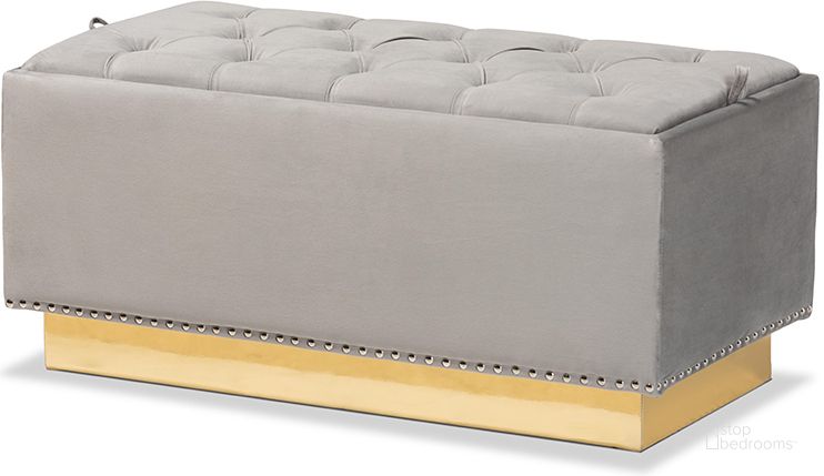 The appearance of Baxton Studio Powell Glam and Luxe Grey Velvet Fabric Upholstered and Gold PU Leather Storage Ottoman designed by Baxton Studio in the glam interior design. This gray piece of furniture  was selected by 1StopBedrooms from Powell Collection to add a touch of cosiness and style into your home. Sku: WS-2019-Grey Velvet/Gold-Otto. Product Type: Ottoman. Material: Rubberwood. Image1