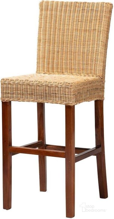The appearance of Baxton Studio Racquel Modern Bohemian Natural Rattan And Mahogany Wood Bar Stool designed by Baxton Studio in the coastal interior design. This brown piece of furniture  was selected by 1StopBedrooms from Racquel Collection to add a touch of cosiness and style into your home. Sku: DC9003-Rattan-BS. Material: Wood. Product Type: Barstool. Image1