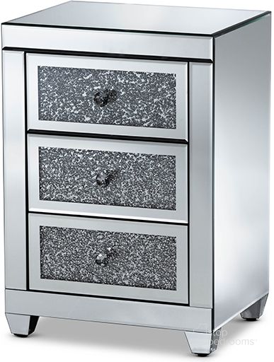 The appearance of Baxton Studio Ralston Contemporary Glam and Luxe Mirrored 3-Drawer Nightstand designed by Baxton Studio in the modern / contemporary interior design. This mirrored piece of furniture  was selected by 1StopBedrooms from Ralston Collection to add a touch of cosiness and style into your home. Sku: RXF-2439-NS. Product Type: Nightstand. Material: MDF. Image1