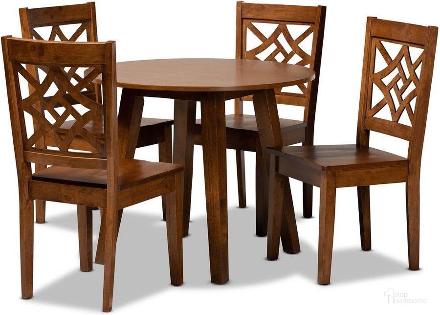 The appearance of Baxton Studio Rava Modern And Contemporary Walnut Brown Finished Wood 5 Piece Dining Set designed by Baxton Studio in the modern / contemporary interior design. This walnut piece of furniture  was selected by 1StopBedrooms from Rava Collection to add a touch of cosiness and style into your home. Sku: Rava-Walnut-5PC Dining Set. Product Type: Dining Room Set. Material: Rubberwood. Image1