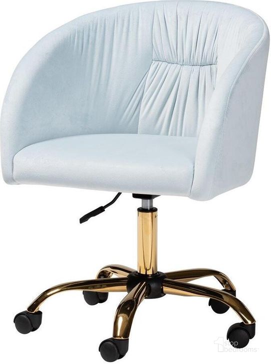 The appearance of Baxton Studio Ravenna Contemporary Glam And Luxe Aqua Velvet Fabric And Gold Metal Swivel Office Chair designed by Baxton Studio in the glam interior design. This aqua piece of furniture  was selected by 1StopBedrooms from Ravenna Collection to add a touch of cosiness and style into your home. Sku: DC168-Aqua Velvet/Gold-Office Chair. Material: Metal. Product Type: Office Chair. Image1