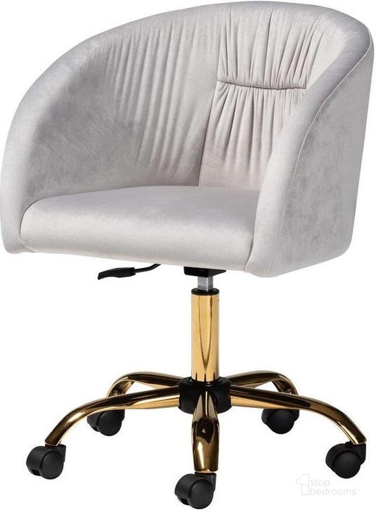 The appearance of Baxton Studio Ravenna Contemporary Glam And Luxe Grey Velvet Fabric And Gold Metal Swivel Office Chair designed by Baxton Studio in the glam interior design. This grey and gold piece of furniture  was selected by 1StopBedrooms from Ravenna Collection to add a touch of cosiness and style into your home. Sku: DC168-Grey Velvet/Gold-Office Chair. Material: Metal. Product Type: Office Chair. Image1