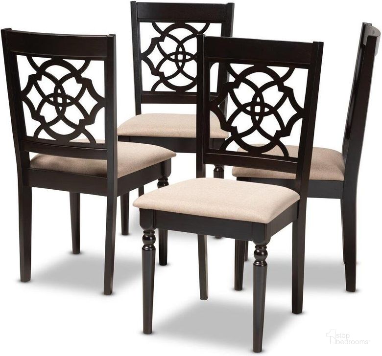 The appearance of Baxton Studio Renaud Modern And Contemporary Sand Fabric Upholstered Espresso Brown Finished Wood Dining Chair Set Of 4 designed by Baxton Studio in the modern / contemporary interior design. This espresso piece of furniture  was selected by 1StopBedrooms from Renaud Collection to add a touch of cosiness and style into your home. Sku: RH332C-Sand/Dark Brown-DC-4PK. Product Type: Dining Chair. Material: Rubberwood. Image1