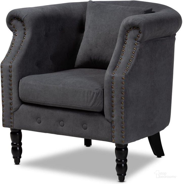 The appearance of Baxton Studio Renessa Classic And Traditional Grey Velvet Fabric Upholstered And Dark Brown Finished Wood Armchair designed by Baxton Studio in the modern / contemporary interior design. This dark brown piece of furniture  was selected by 1StopBedrooms from Renessa Collection to add a touch of cosiness and style into your home. Sku: ZQ-13-Velvet Grey-Chair. Material: Wood. Product Type: Arm Chair. Image1
