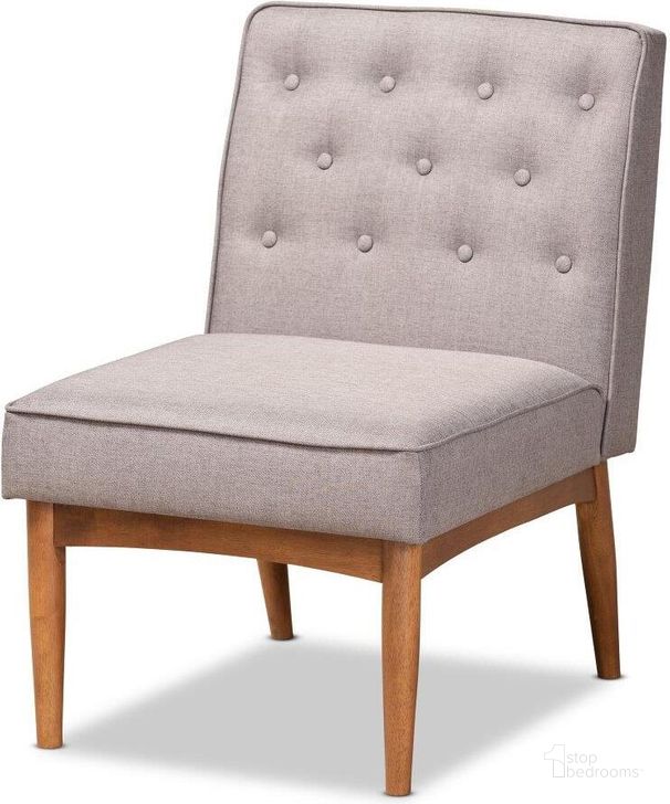 The appearance of Baxton Studio Riordan Mid-Century Modern Grey Fabric Upholstered And Walnut Brown Finished Wood Dining Chair designed by Baxton Studio in the transitional interior design. This grey and walnut piece of furniture  was selected by 1StopBedrooms from Riordan Collection to add a touch of cosiness and style into your home. Sku: BBT8051.13-Grey/Walnut-CC. Material: Wood. Product Type: Dining Chair. Image1