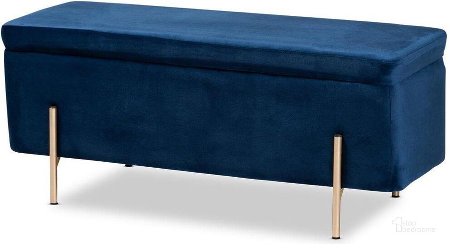 The appearance of Baxton Studio Rockwell Contemporary Glam And Luxe Navy Blue Velvet Fabric Upholstered And Gold Finished Metal Storage Bench designed by Baxton Studio in the modern / contemporary interior design. This gold piece of furniture  was selected by 1StopBedrooms from Rockwell Collection to add a touch of cosiness and style into your home. Sku: FZD0223-Navy Blue Velvet-Bench. Material: Wood. Product Type: Storage Bench. Image1