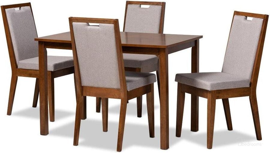 The appearance of Baxton Studio Rosa Modern And Contemporary Grey Fabric Upholstered And Walnut Brown Finished Wood 5-Piece Dining Set designed by Baxton Studio in the modern / contemporary interior design. This walnut brown piece of furniture  was selected by 1StopBedrooms from Rosa Collection to add a touch of cosiness and style into your home. Sku: Rosa-Grey/Walnut-5PC Dining Set. Product Type: Dining Room Set. Material: MDF. Image1