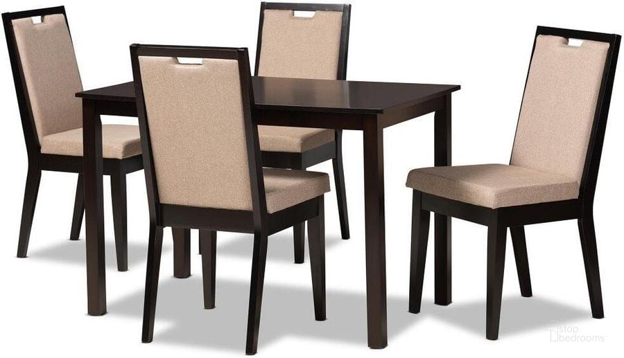 The appearance of Baxton Studio Rosa Modern And Contemporary Sand Fabric Upholstered And Dark Brown Finished Wood 5-Piece Dining Set designed by Baxton Studio in the modern / contemporary interior design. This dark brown piece of furniture  was selected by 1StopBedrooms from Rosa Collection to add a touch of cosiness and style into your home. Sku: Rosa-Sand/Dark Brown-5PC Dining Set. Product Type: Dining Room Set. Material: MDF. Image1
