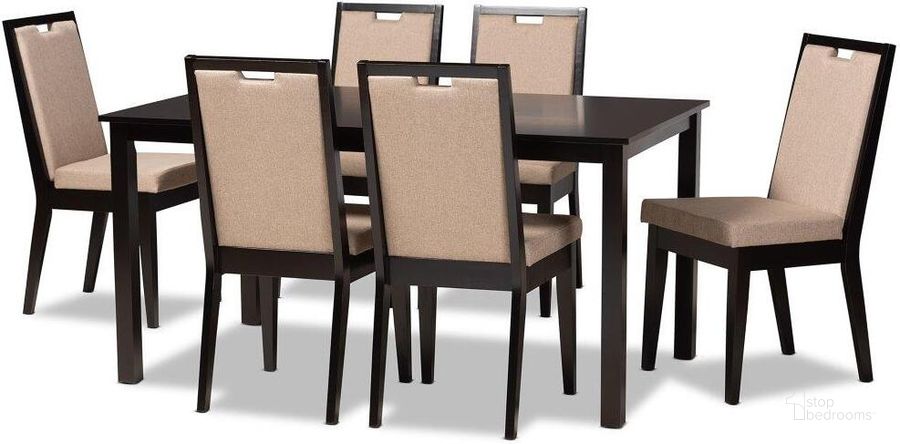 The appearance of Baxton Studio Rosa Modern And Contemporary Sand Fabric Upholstered And Dark Brown Finished Wood 7-Piece Dining Set designed by Baxton Studio in the modern / contemporary interior design. This dark brown piece of furniture  was selected by 1StopBedrooms from Rosa Collection to add a touch of cosiness and style into your home. Sku: Rosa-Sand/Dark Brown-7PC Dining Set. Product Type: Dining Room Set. Material: MDF. Image1