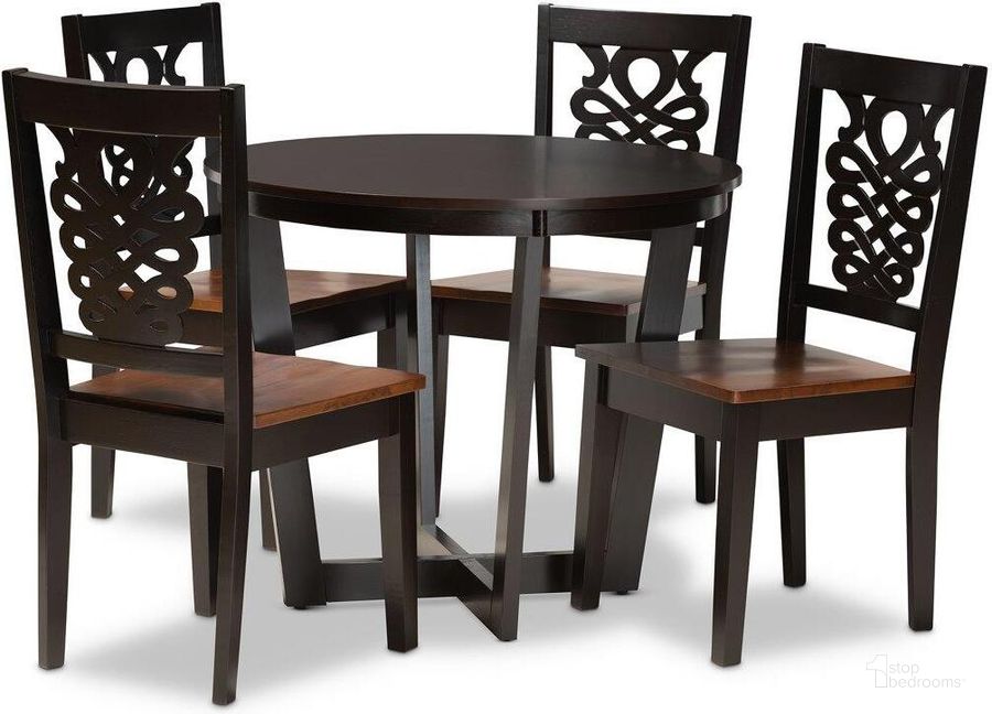 The appearance of Baxton Studio Salida Modern And Contemporary Transitional Two Tone Dark Brown And Walnut Brown Finished Wood 5 Piece Dining Set designed by Baxton Studio in the modern / contemporary interior design. This walnut brown piece of furniture  was selected by 1StopBedrooms from Salida Collection to add a touch of cosiness and style into your home. Sku: Salida-Dark Brown/Walnut-5PC Dining Set. Product Type: Dining Room Set. Material: Rubberwood. Image1