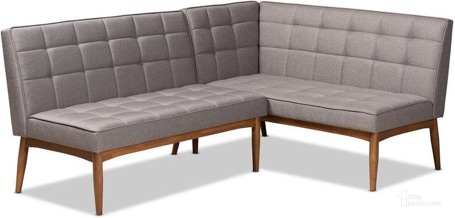 The appearance of Baxton Studio Sanford Mid Century Modern Grey Fabric Upholstered And Walnut Brown Finished Wood 2 Piece Dining Nook Banquette Set designed by Baxton Studio in the transitional interior design. This grey and walnut piece of furniture  was selected by 1StopBedrooms from Sanford Collection to add a touch of cosiness and style into your home. Sku: BBT8051.11-Grey/Walnut-2PC SF Bench. Product Type: Dining Room Set. Material: Rubberwood. Image1