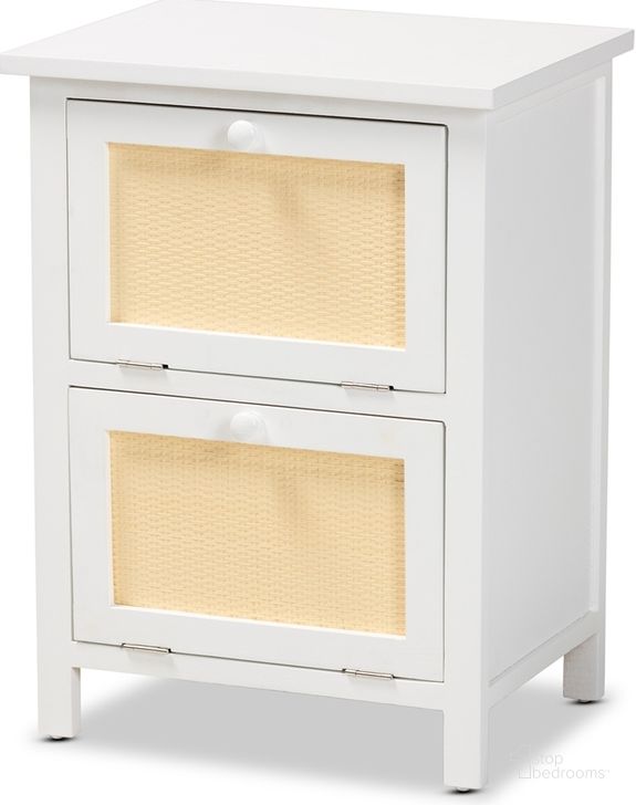 The appearance of Baxton Studio Sariah Mid-Century Modern White Finished Wood and Rattan 2-Door Nightstand designed by Baxton Studio in the transitional interior design. This white beige piece of furniture  was selected by 1StopBedrooms from Sariah Collection to add a touch of cosiness and style into your home. Sku: FMA-0176-Wooden 2 Drawer-NS. Product Type: Nightstand. Material: Rattan.