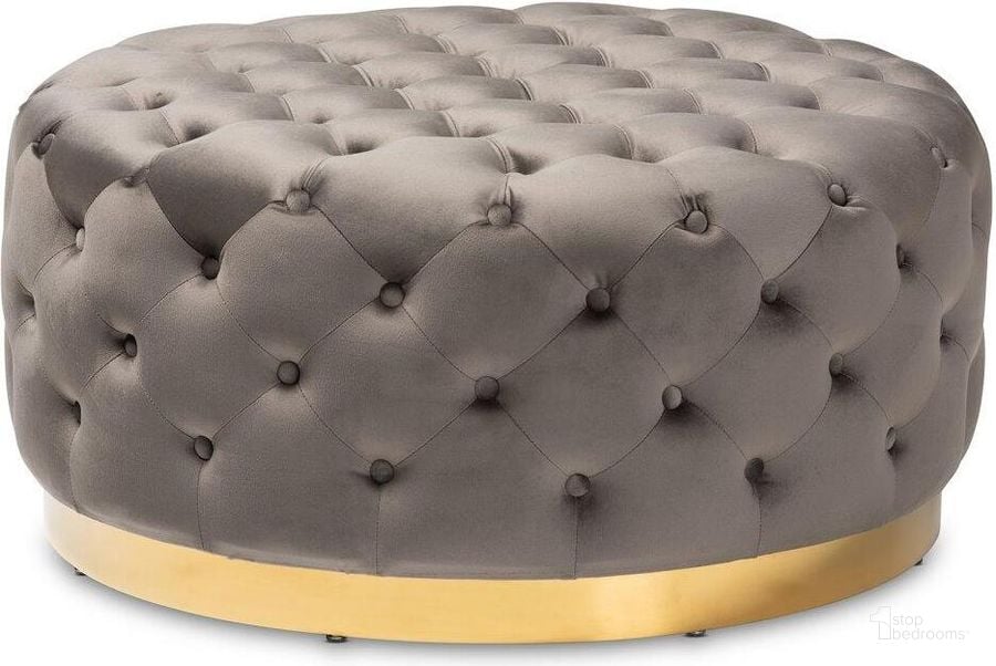 The appearance of Baxton Studio Sasha Glam and Luxe Grey Velvet Fabric Upholstered Gold Finished Round Cocktail Ottoman designed by Baxton Studio in the glam interior design. This grey piece of furniture  was selected by 1StopBedrooms from Sasha Collection to add a touch of cosiness and style into your home. Sku: TSF-6689-Grey/Gold-Otto. Product Type: Ottoman. Material: Plywood. Image1