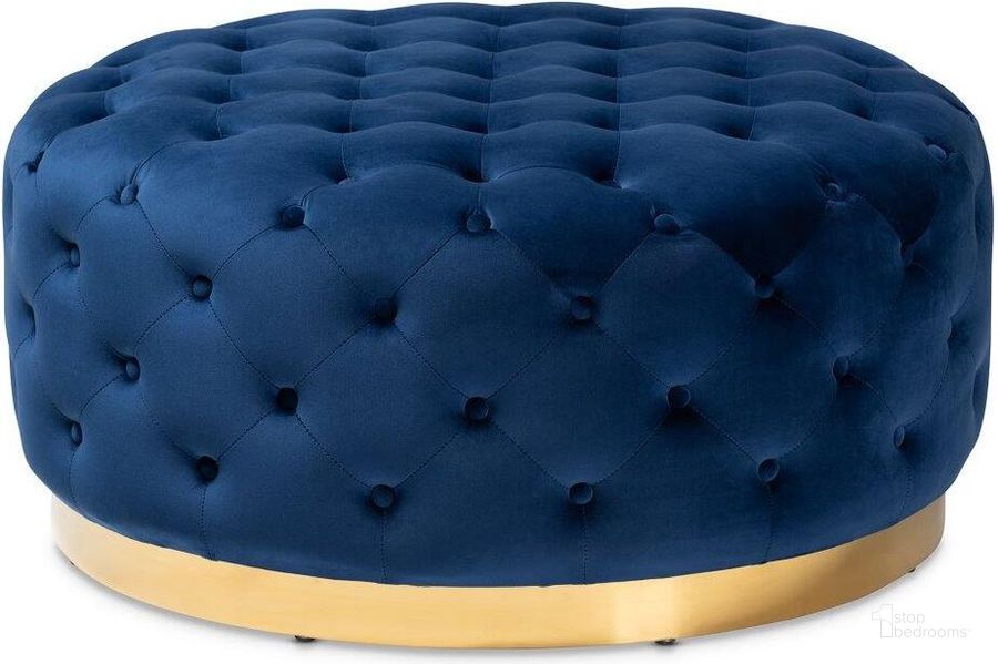The appearance of Baxton Studio Sasha Glam and Luxe Royal Blue Velvet Fabric Upholstered Gold Finished Round Cocktail Ottoman designed by Baxton Studio in the glam interior design. This gold piece of furniture  was selected by 1StopBedrooms from Sasha Collection to add a touch of cosiness and style into your home. Sku: TSF-6689-Royal Blue/Gold-Otto. Product Type: Ottoman. Material: Plywood. Image1