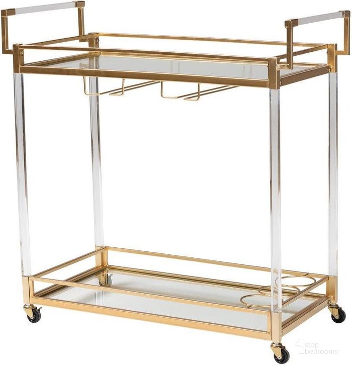 The appearance of Baxton Studio Savannah Contemporary Glam And Luxe Gold Metal And Glass Wine Cart designed by Baxton Studio in the glam interior design. This gold piece of furniture  was selected by 1StopBedrooms from Savannah Collection to add a touch of cosiness and style into your home. Sku: JY21A018-Gold-Cart. Material: MDF. Product Type: Bar Cart. Image1