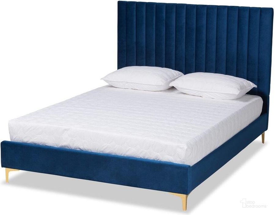 The appearance of Baxton Studio Serrano Contemporary Glam And Luxe Navy Blue Velvet Fabric Upholstered And Gold Metal Full Size Platform Bed designed by Baxton Studio in the modern / contemporary interior design. This navy blue piece of furniture  was selected by 1StopBedrooms from Serrano Collection to add a touch of cosiness and style into your home. Sku: BBT61079.11-Navy Blue Velvet/Gold-Full. Bed Type: Platform Bed. Product Type: Platform Bed. Bed Size: Full. Material: Plywood. Image1