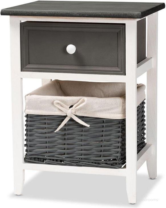 The appearance of Baxton Studio Shadell Modern Transitional Two-Tone Dark Grey And White Finished Wood 1-Drawer Storage Unit With Basket designed by Baxton Studio in the transitional interior design. This dark grey piece of furniture  was selected by 1StopBedrooms from Shadell Collection to add a touch of cosiness and style into your home. Sku: 1806-1DW/1 Basket. Product Type: Storage Unit. Material: MDF. Image1