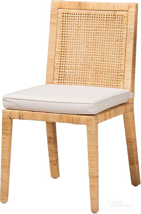 The appearance of Baxton Studio Sofia Modern And Contemporary Natural Finished Wood And Rattan Dining Chair designed by Baxton Studio in the modern / contemporary interior design. This natural and white piece of furniture  was selected by 1StopBedrooms from Sofia Collection to add a touch of cosiness and style into your home. Sku: Sofia-Natural-DC. Product Type: Dining Chair. Material: Rattan. Image1