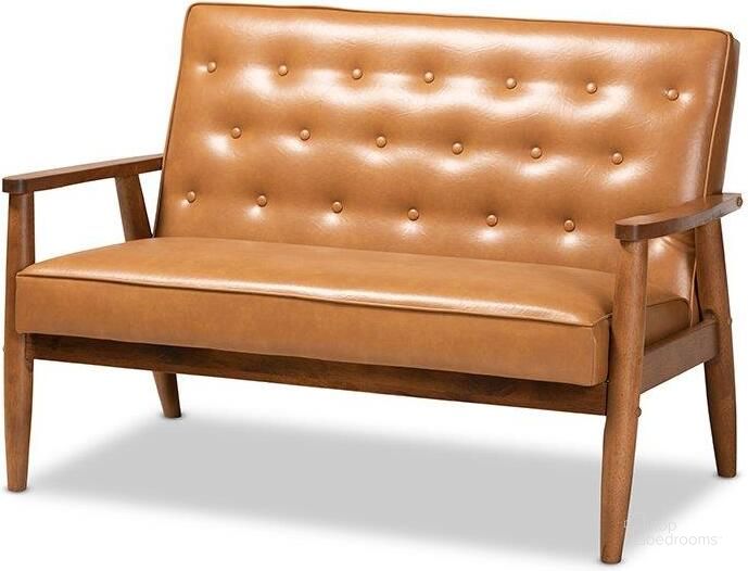 The appearance of Baxton Studio Sorrento Mid-Century Modern Tan Faux Leather Upholstered and Walnut Brown Finished Wood Loveseat designed by Baxton Studio in the transitional interior design. This tan piece of furniture  was selected by 1StopBedrooms from Sorrento Collection to add a touch of cosiness and style into your home. Sku: BBT8013-Tan Loveseat. Product Type: Loveseat. Material: MDF. Image1