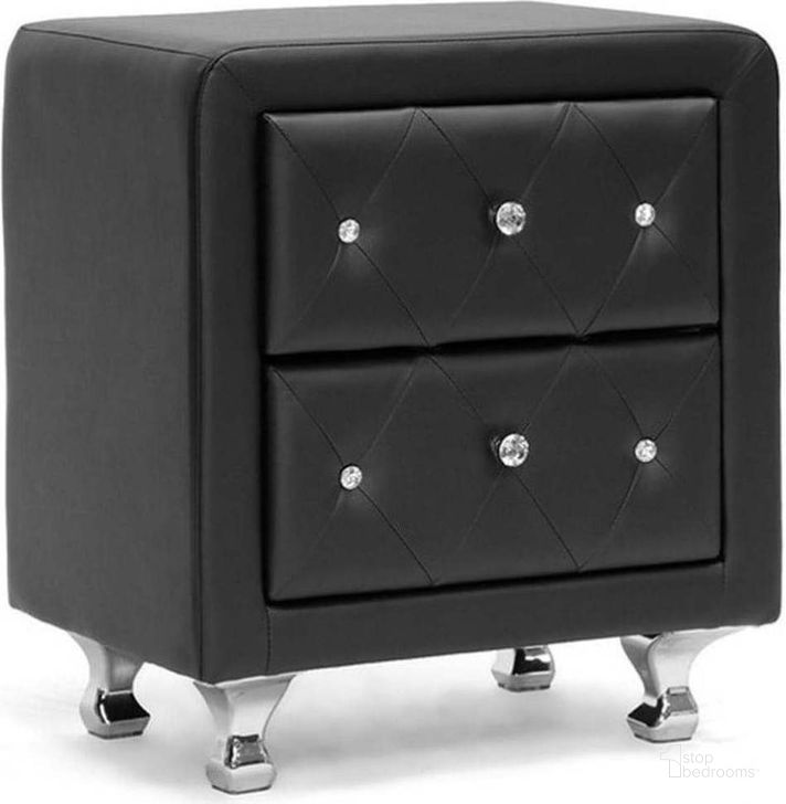 The appearance of Baxton Studio Stella Crystal Tufted Black Upholstered Modern Nightstand designed by Baxton Studio in the modern / contemporary interior design. This black piece of furniture  was selected by 1StopBedrooms from Stella Collection to add a touch of cosiness and style into your home. Sku: BBT3084-Black-NS. Material: Wood. Product Type: Nightstand. Image1