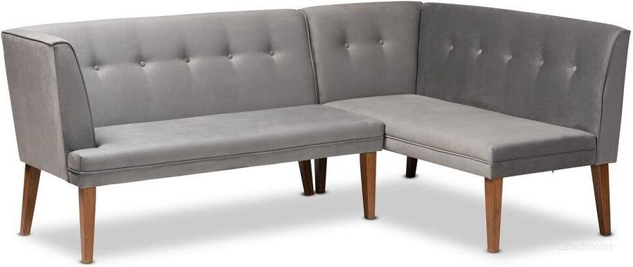 The appearance of Baxton Studio Stewart Mid-Century Modern Grey Velvet Upholstered And Walnut Brown Finished Wood 2-Piece Dining Nook Banquette Set designed by Baxton Studio in the transitional interior design. This grey piece of furniture  was selected by 1StopBedrooms from Stewart Collection to add a touch of cosiness and style into your home. Sku: BBT8062-Grey Velvet/Walnut-2PC SF Bench. Product Type: Dining Room Set. Material: Rubberwood. Image1