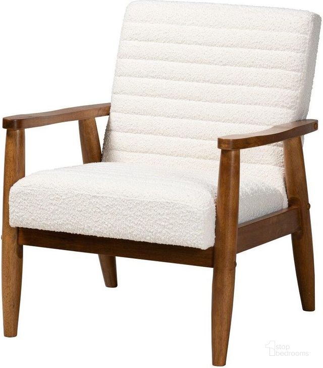 The appearance of Baxton Studio Stratton Mid Century Modern Cream Boucle Fabric and Walnut Brown Finished Wood Armchair designed by Baxton Studio in the transitional interior design. This white/brown piece of furniture  was selected by 1StopBedrooms from Stratton Collection to add a touch of cosiness and style into your home. Sku: BBT8013.16-Maya-Cream/Walnut-CC. Product Type: Arm Chair. Material: MDF. Image1