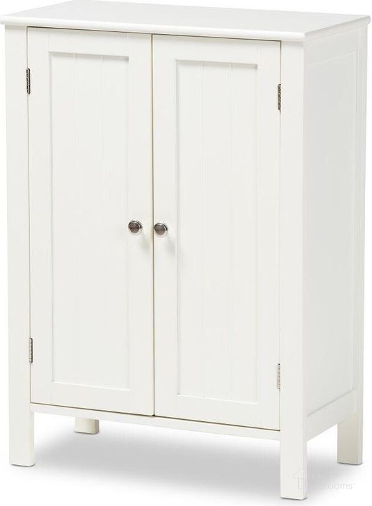 The appearance of Baxton Studio Thelma Cottage and Farmhouse White Finished 2-door Wood Multipurpose Storage Cabinet designed by Baxton Studio in the country / farmhouse interior design. This white piece of furniture  was selected by 1StopBedrooms from Thelma Collection to add a touch of cosiness and style into your home. Sku: SR1801045-White-Cabinet. Product Type: Storage Cabinet. Material: MDF. Image1