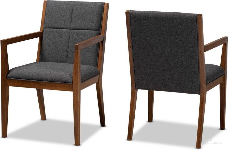 The appearance of Baxton Studio Theresa Mid-Century Modern Dark Grey Fabric Upholstered and Walnut Brown Finished Wood Living Room Accent Chair Set of 2 designed by Baxton Studio in the transitional interior design. This gray/brown piece of furniture  was selected by 1StopBedrooms from Theresa Collection to add a touch of cosiness and style into your home. Sku: BBT5390-Dark Grey/Walnut-CC. Material: Polyester. Product Type: Accent Chair. Image1