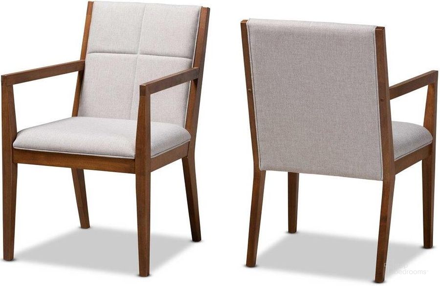 The appearance of Baxton Studio Theresa Mid-Century Modern Greyish Beige Fabric Upholstered and Walnut Brown Finished Wood Living Room Accent Chair Set of 2 designed by Baxton Studio in the transitional interior design. This walnut brown piece of furniture  was selected by 1StopBedrooms from Theresa Collection to add a touch of cosiness and style into your home. Sku: BBT5390-Greyish Beige/Walnut-CC. Material: Polyester. Product Type: Accent Chair. Image1