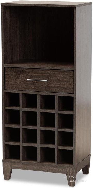The appearance of Baxton Studio Trenton Modern And Contemporary Dark Brown Finished Wood 1 Drawer Wine Storage Cabinet designed by Baxton Studio in the modern / contemporary interior design. This dark brown piece of furniture  was selected by 1StopBedrooms from Trenton Collection to add a touch of cosiness and style into your home. Sku: WC8001-Dark Brown-Wine Cabinet. Product Type: Wine Cabinet. Material: MDF. Image1