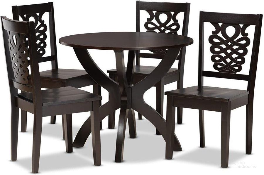 The appearance of Baxton Studio Wanda Modern And Contemporary Transitional Dark Brown Finished Wood 5 Piece Dining Set designed by Baxton Studio in the modern / contemporary interior design. This dark brown piece of furniture  was selected by 1StopBedrooms from Wanda Collection to add a touch of cosiness and style into your home. Sku: Wanda-Dark Brown-5PC Dining Set. Product Type: Dining Room Set. Material: Rubberwood. Image1