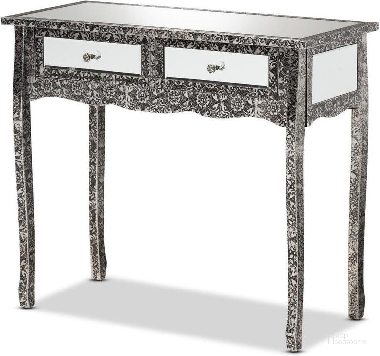 The appearance of Baxton Studio Wycliff Industrial Glam And Luxe Silver Finished Metal And Mirrored Glass 2-Drawer Console Table designed by Baxton Studio in the glam interior design. This dark grey piece of furniture  was selected by 1StopBedrooms from Wycliff Collection to add a touch of cosiness and style into your home. Sku: JY20B141-Silver-Console. Product Type: Console Table. Material: MDF. Image1