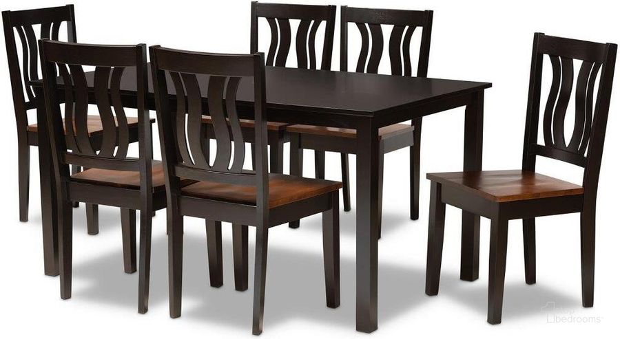 The appearance of Baxton Studio Zamira Modern And Contemporary Transitional Two Tone Dark Brown And Walnut Brown Finished Wood 7 Piece Dining Set designed by Baxton Studio in the modern / contemporary interior design. This walnut brown piece of furniture  was selected by 1StopBedrooms from Zamira Collection to add a touch of cosiness and style into your home. Sku: Zamira-Dark Brown/Walnut-7PC Dining Set. Product Type: Dining Room Set. Material: Rubberwood. Image1