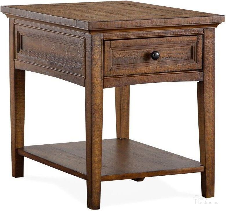 The appearance of Bay Creek Toasted Nutmeg Rectangle End Table designed by Magnussen in the transitional interior design. This brown piece of furniture  was selected by 1StopBedrooms from Bay Creek Collection to add a touch of cosiness and style into your home. Sku: T4398-03. Product Type: End Table. Image1