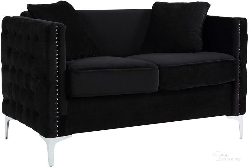 The appearance of Bayberry Black Velvet Loveseat With 2 Pillows designed by Lilola Home in the modern / contemporary interior design. This black piece of furniture  was selected by 1StopBedrooms from Bayberry Collection to add a touch of cosiness and style into your home. Sku: 89634-L. Material: Wood. Product Type: Loveseat. Image1