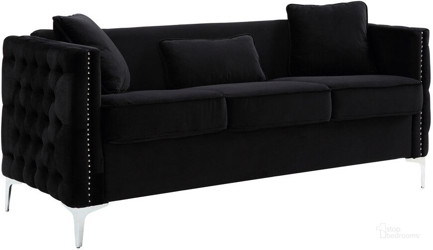 The appearance of Bayberry Black Velvet Sofa With 3 Pillows designed by Lilola Home in the modern / contemporary interior design. This black piece of furniture  was selected by 1StopBedrooms from Bayberry Collection to add a touch of cosiness and style into your home. Sku: 89634-S. Material: Wood. Product Type: Sofa. Image1