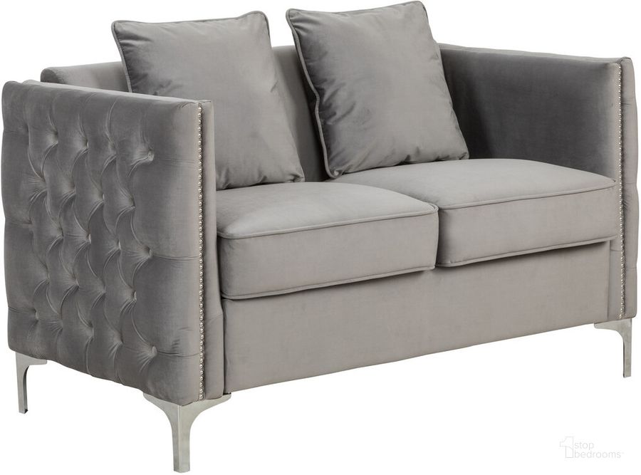 The appearance of Bayberry Gray Velvet Loveseat With 2 Pillows designed by Lilola Home in the modern / contemporary interior design. This gray piece of furniture  was selected by 1StopBedrooms from Bayberry Collection to add a touch of cosiness and style into your home. Sku: 89635-L. Material: Wood. Product Type: Loveseat. Image1