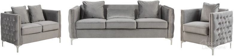 The appearance of Bayberry Gray Velvet Sofa Loveseat Chair Living Room Set designed by Lilola Home in the modern / contemporary interior design. This gray piece of furniture  was selected by 1StopBedrooms from Bayberry Collection to add a touch of cosiness and style into your home. Sku: 89635. Material: Wood. Product Type: Living Room Set. Image1