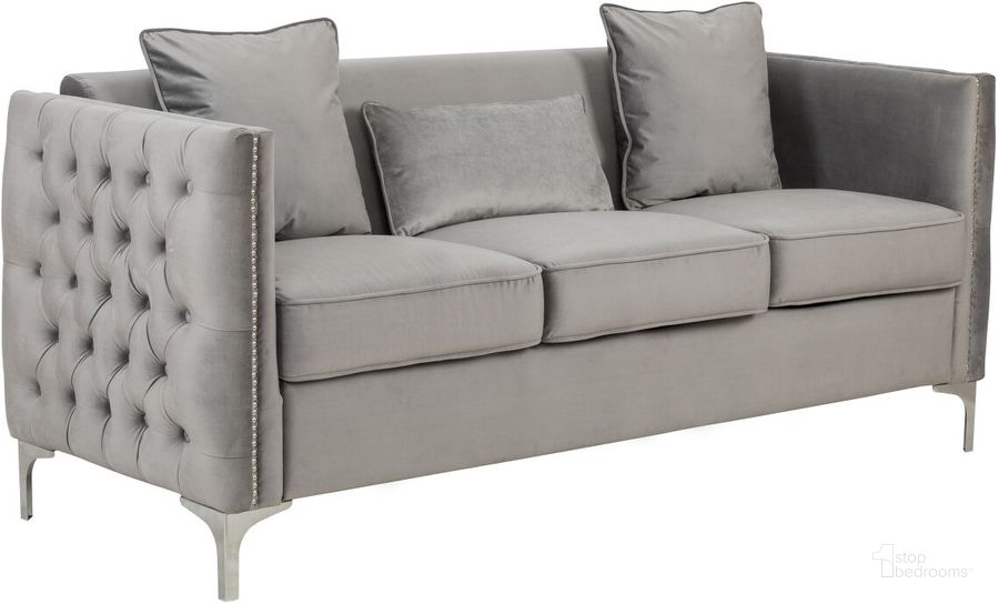 The appearance of Bayberry Gray Velvet Sofa With 3 Pillows designed by Lilola Home in the modern / contemporary interior design. This gray piece of furniture  was selected by 1StopBedrooms from Bayberry Collection to add a touch of cosiness and style into your home. Sku: 89635-S. Material: Wood. Product Type: Sofa. Image1