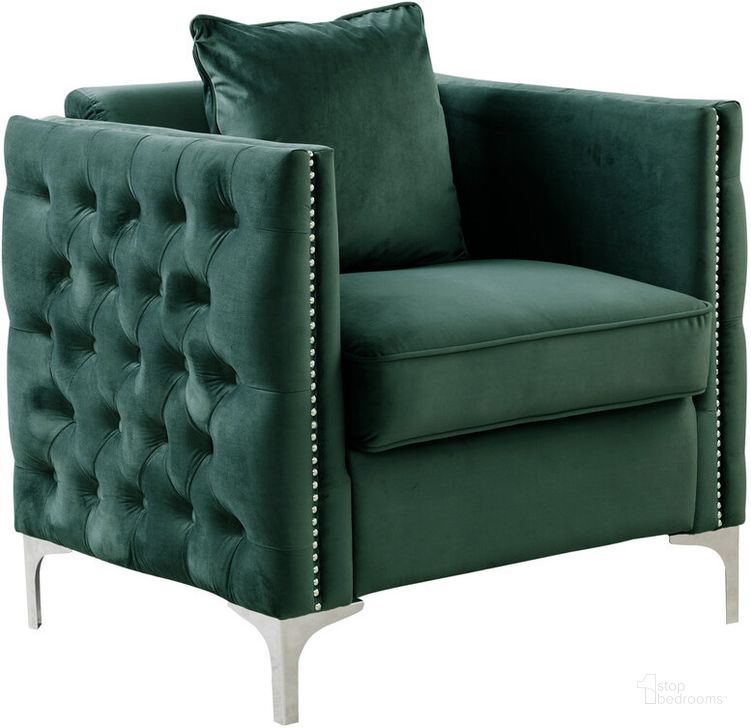 The appearance of Bayberry Green Velvet Chair With 1 Pillow designed by Lilola Home in the modern / contemporary interior design. This green piece of furniture  was selected by 1StopBedrooms from Bayberry Collection to add a touch of cosiness and style into your home. Sku: 89634GN-C. Material: Wood. Product Type: Accent Chair. Image1