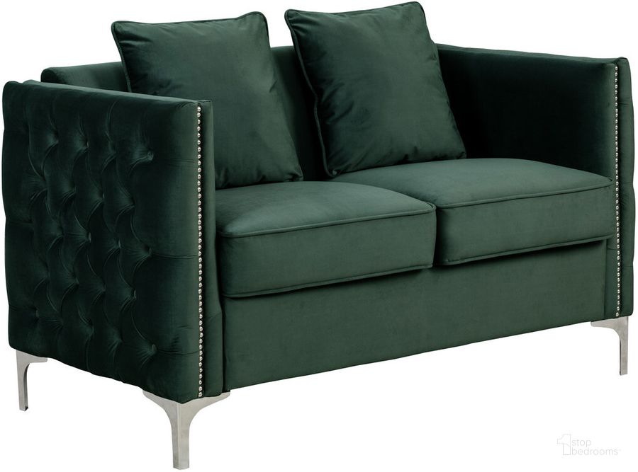 The appearance of Bayberry Green Velvet Loveseat With 2 Pillows designed by Lilola Home in the modern / contemporary interior design. This green piece of furniture  was selected by 1StopBedrooms from Bayberry Collection to add a touch of cosiness and style into your home. Sku: 89634GN-L. Material: Wood. Product Type: Loveseat. Image1