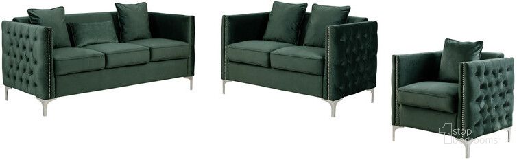 The appearance of Bayberry Green Velvet Sofa Loveseat Chair Living Room Set designed by Lilola Home in the modern / contemporary interior design. This green piece of furniture  was selected by 1StopBedrooms from Bayberry Collection to add a touch of cosiness and style into your home. Sku: 89634GN. Material: Wood. Product Type: Living Room Set. Image1