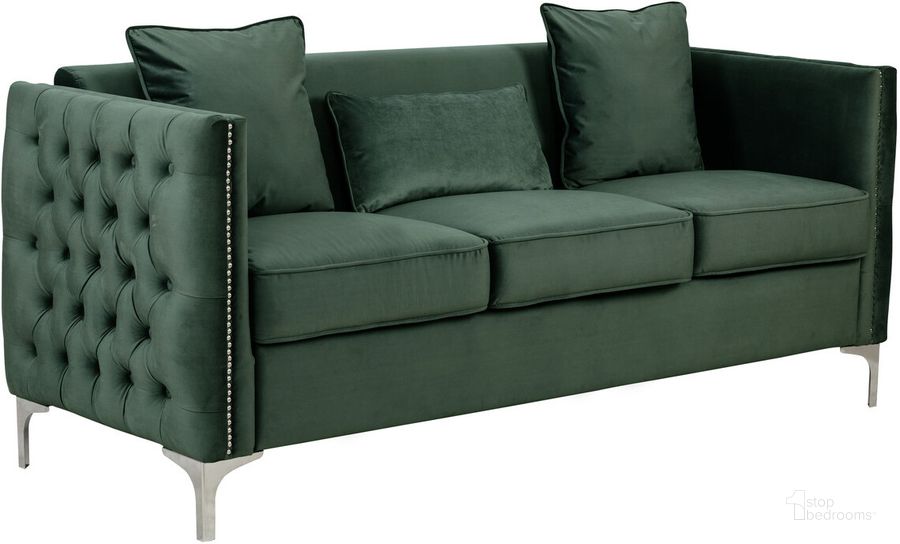 The appearance of Bayberry Green Velvet Sofa With 3 Pillows designed by Lilola Home in the modern / contemporary interior design. This green piece of furniture  was selected by 1StopBedrooms from Bayberry Collection to add a touch of cosiness and style into your home. Sku: 89634GN-S. Material: Wood. Product Type: Sofa. Image1
