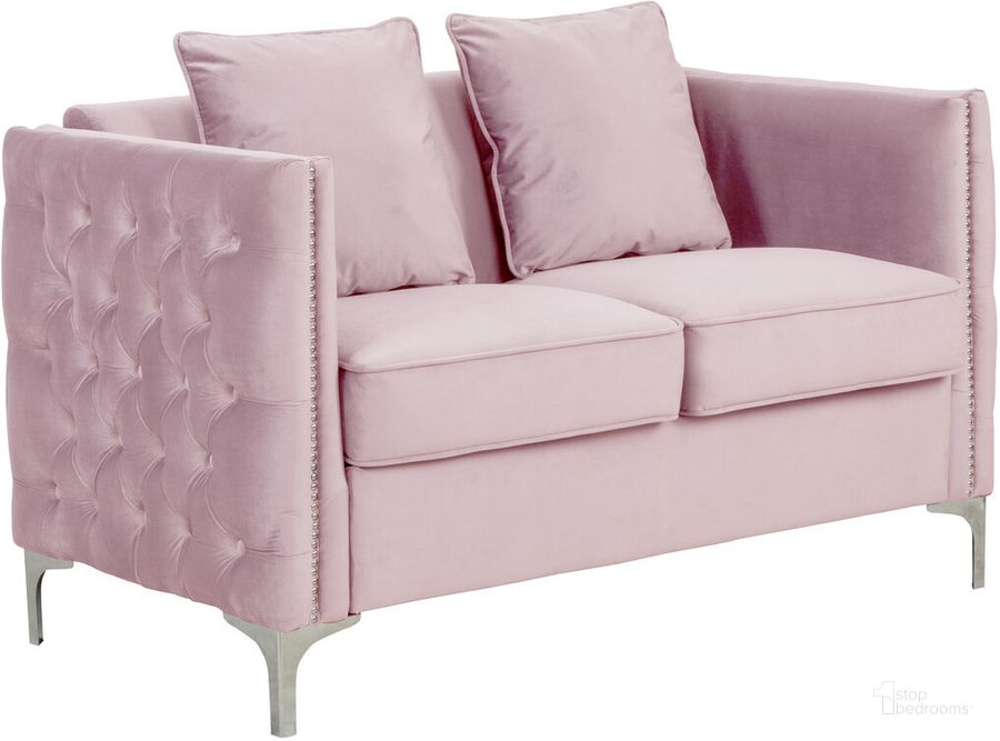 The appearance of Bayberry Pink Velvet Loveseat With 2 Pillows designed by Lilola Home in the modern / contemporary interior design. This pink piece of furniture  was selected by 1StopBedrooms from Bayberry Collection to add a touch of cosiness and style into your home. Sku: 89634PK-L. Material: Wood. Product Type: Loveseat. Image1